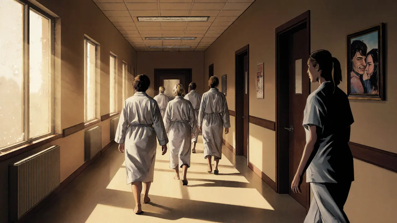 Tichý chodba léčebného zařízení s pacienty a terapeuty, teplé světlo z oken, jeden pacient dívá na fotografii rodiny.