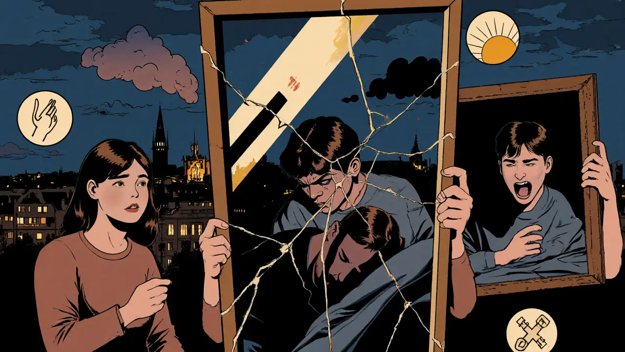 Tři lidé drží zrcadla, v nichž vidí stínové verze sebe samotných, za nimi Praha.