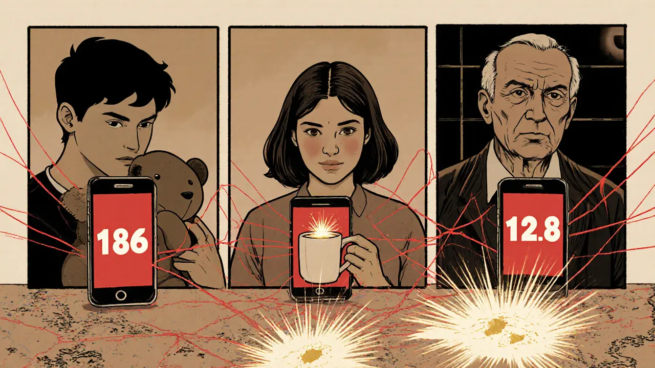 Tři lidé různých věků mají na telefonech stejné nouzové číslo, spojení světlem.