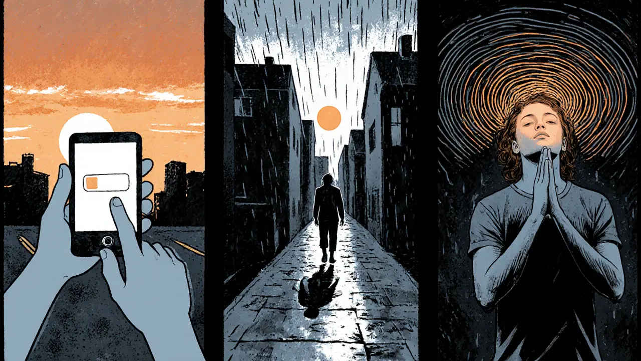 Tři malé scény: vypnutý telefon, procházka pod deštěm, hluboký dech s vlnami světla.