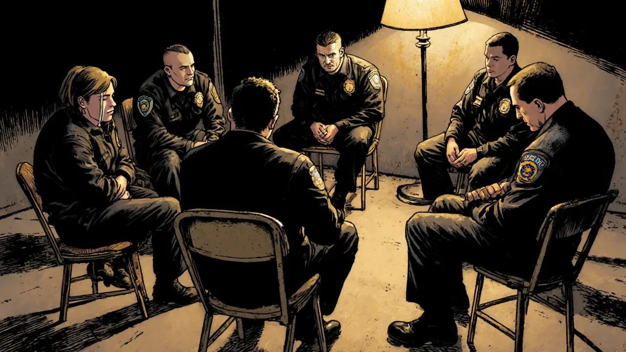 Tým záchránců sedí v kruhu během debriefingu, jeden pláče, ostatní mlčí.