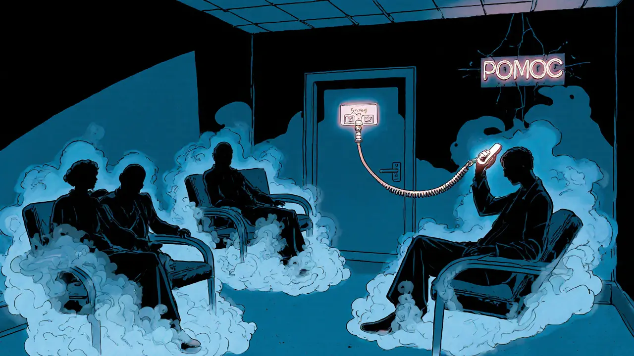 V nouzovém centru plném stínů se z telefonu táhne světelný vlákno k dveřím.