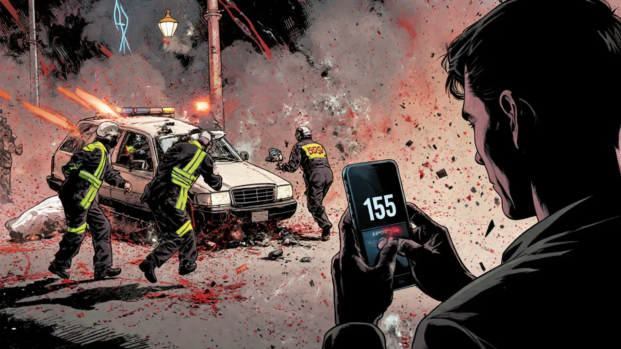 Záchranná služba přijíždí na místo dopravní nehody, jedna osoba volá 155 v panice.