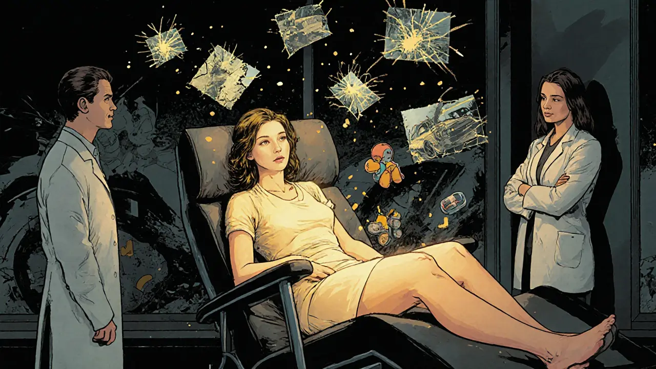 Žena v terapii, okolo ní plavou fragmenty traumatu, zatímco terapeuti pozorují s klidem.