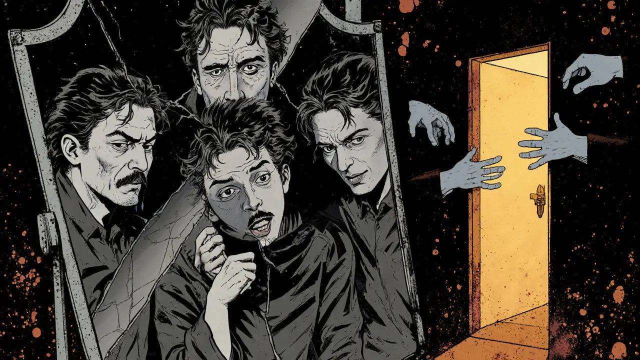 Zlomené zrcadlo odrazuje různé verze osoby, zatímco z tmy se táhne ruka k světlu.