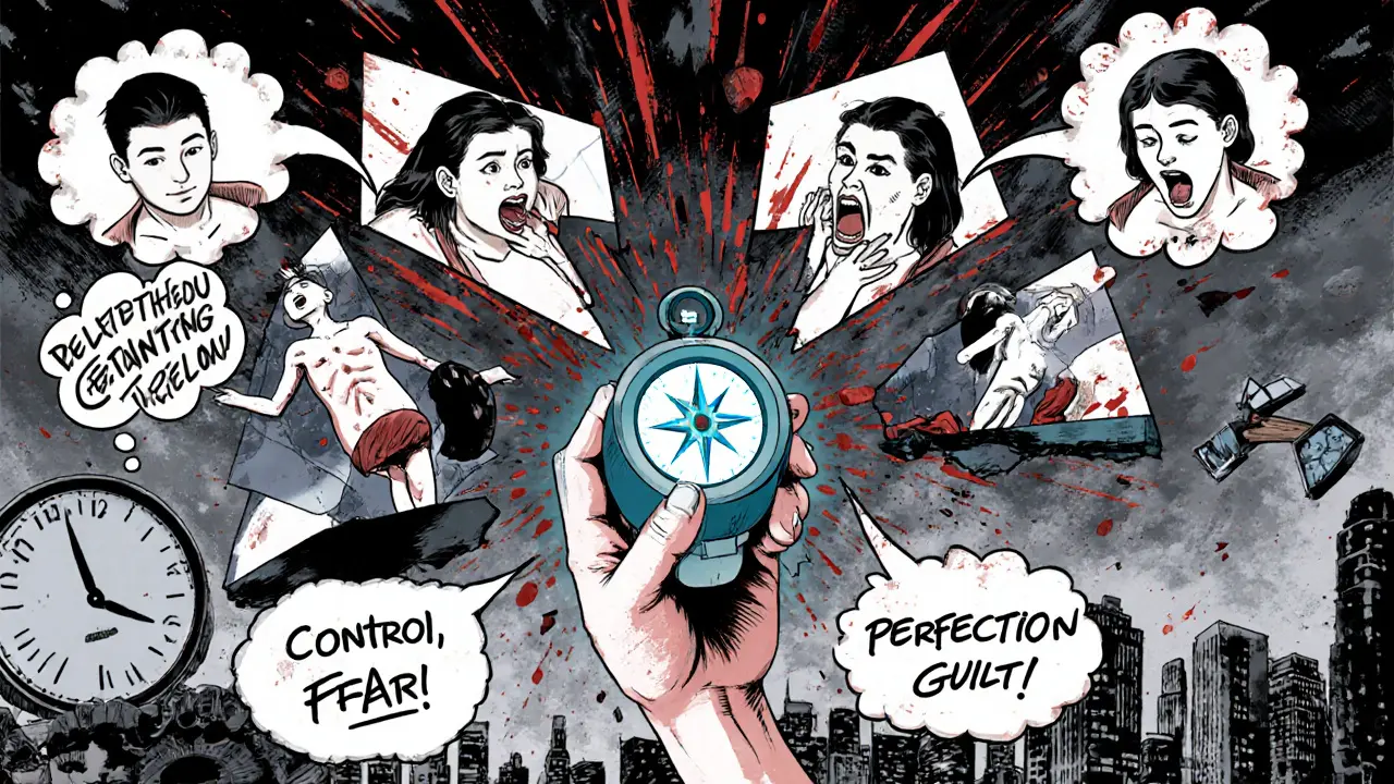 Zlomené zrcadlo odrazující čtyři verze osoby s poruchou příjmu potravy, středem vede kompas CBT-E.