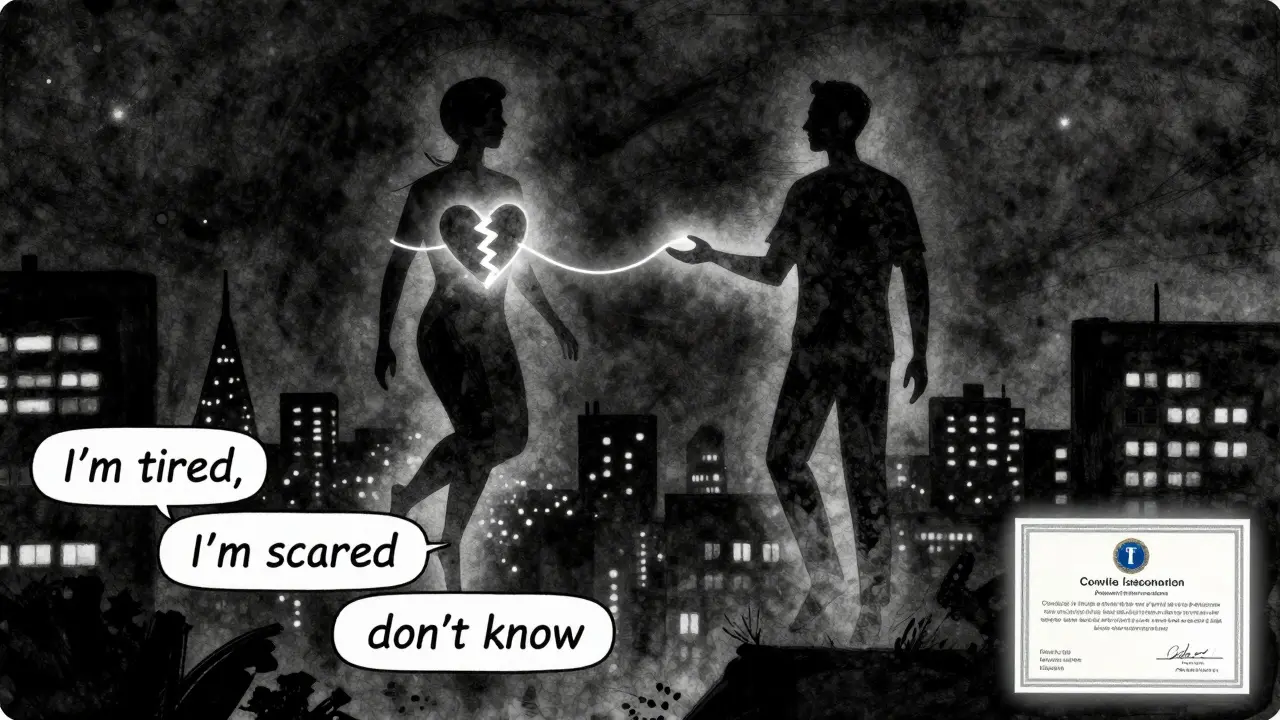 Abstraktní spojení klienta a terapeuty světelnou nití nad městem s certifikací psychoterapie.