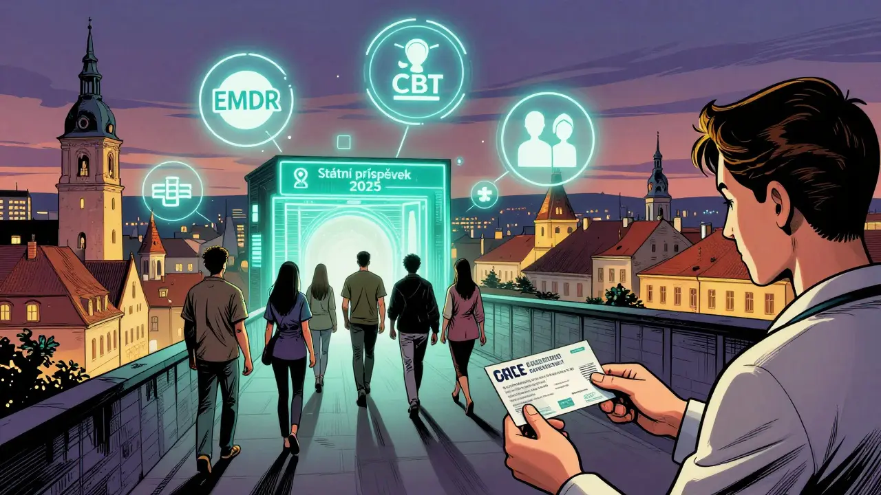 Brno v budoucnosti s hologramy terapeutických metod a lidmi směřujícími k státnímu příspěvku na psychoterapii.