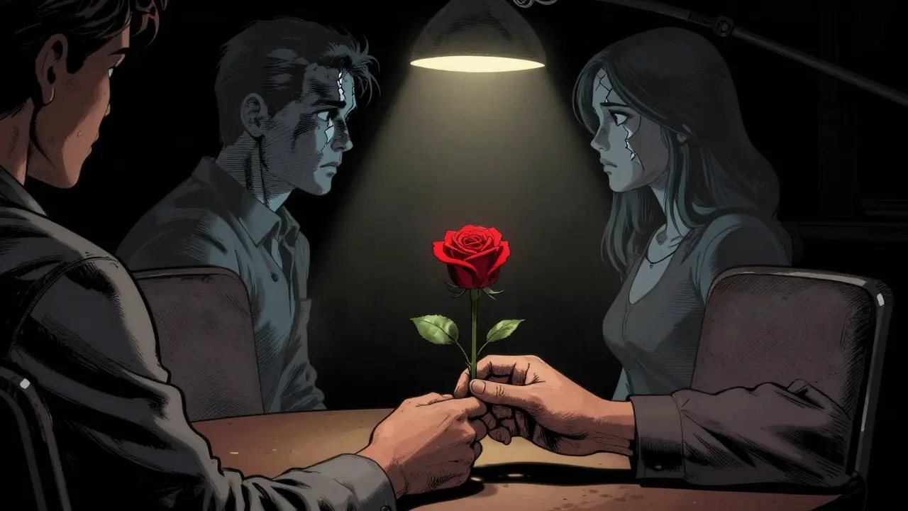 Červená růže na stole mezi prázdnými židlemi, za ní průhledné obrazy strachu a touhy dvojice.