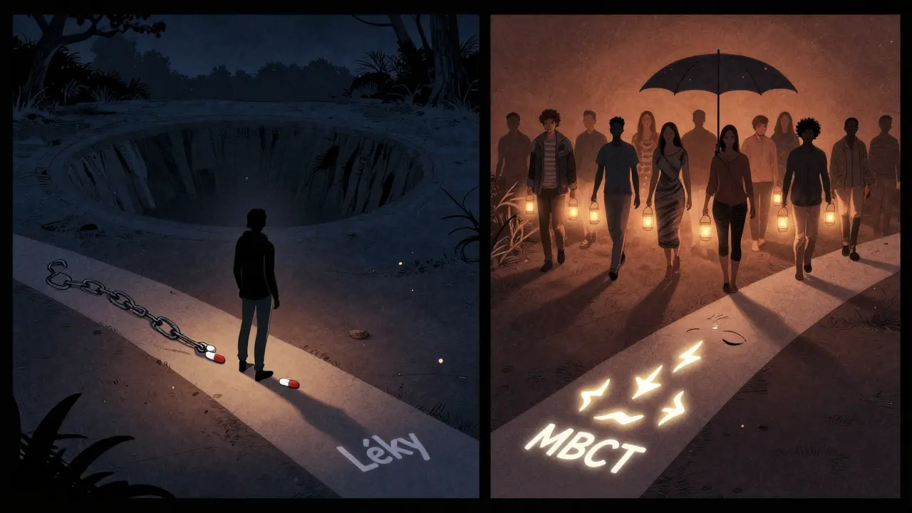 Člověk stojí na rozcestí mezi léky a mindfulness, za ním propast, před ním světlo.