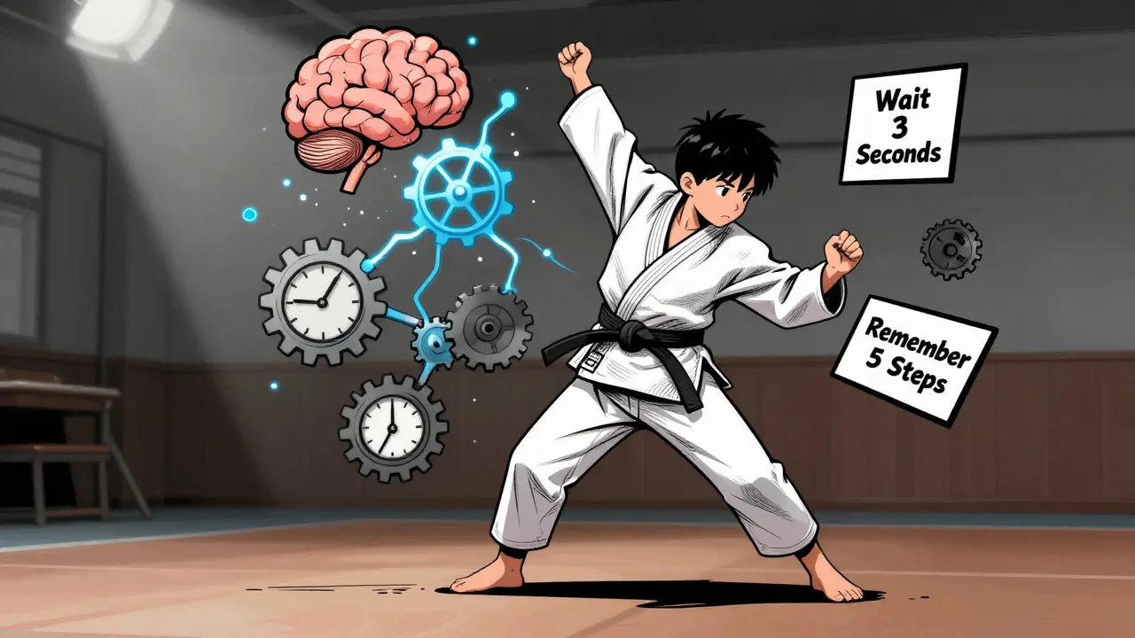 Dítě ve judo formě provádí techniku, kolem něj se objevují vizuální návody a neuronové výběhy.