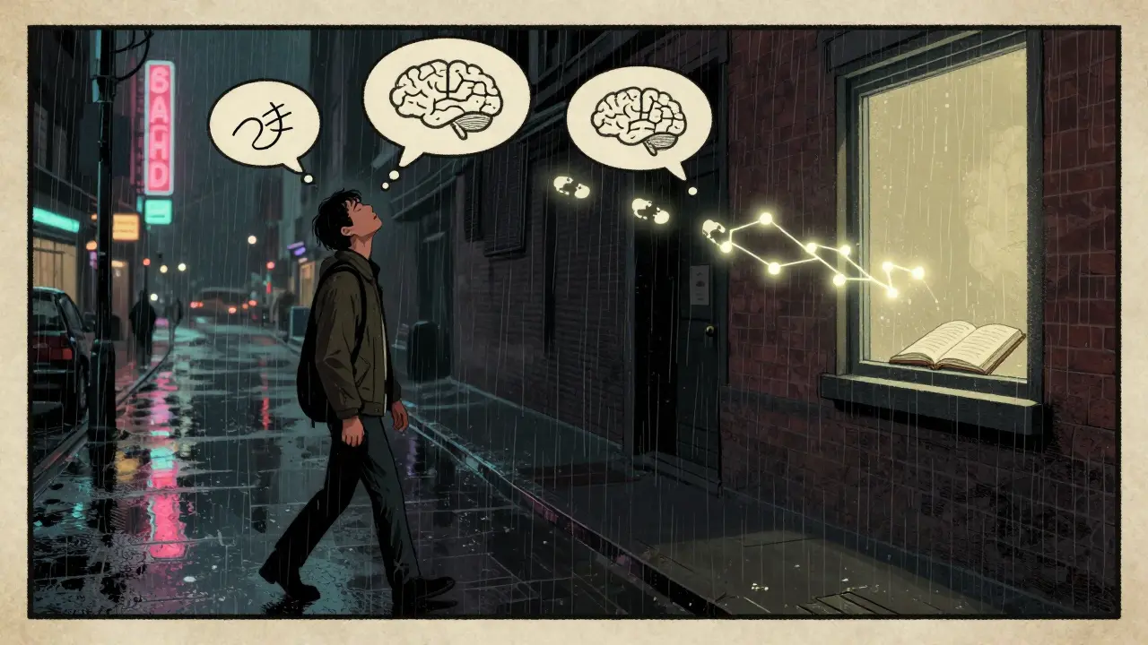 Dospělý s ADHD prochází dešťovou ulicí, jeho kroky se mění v neuronové spojení.