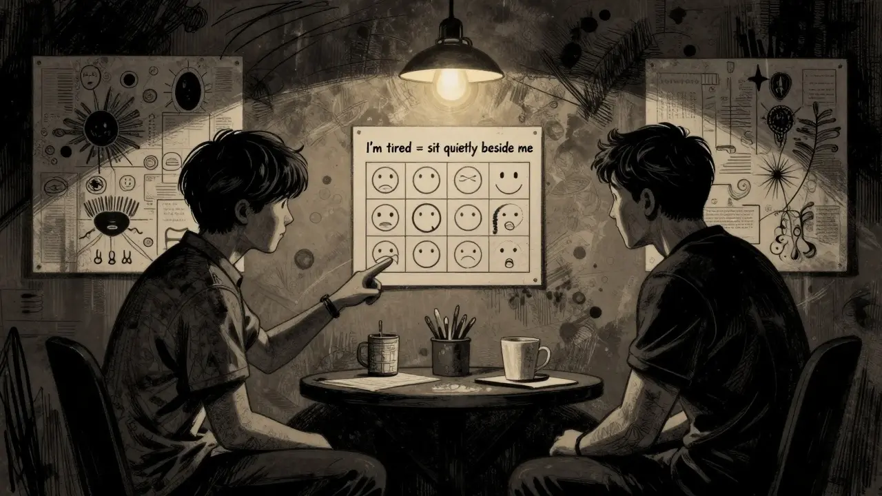 Dva partneři během terapie sledují vizuální kódy pro emoce v tmavé místnosti.