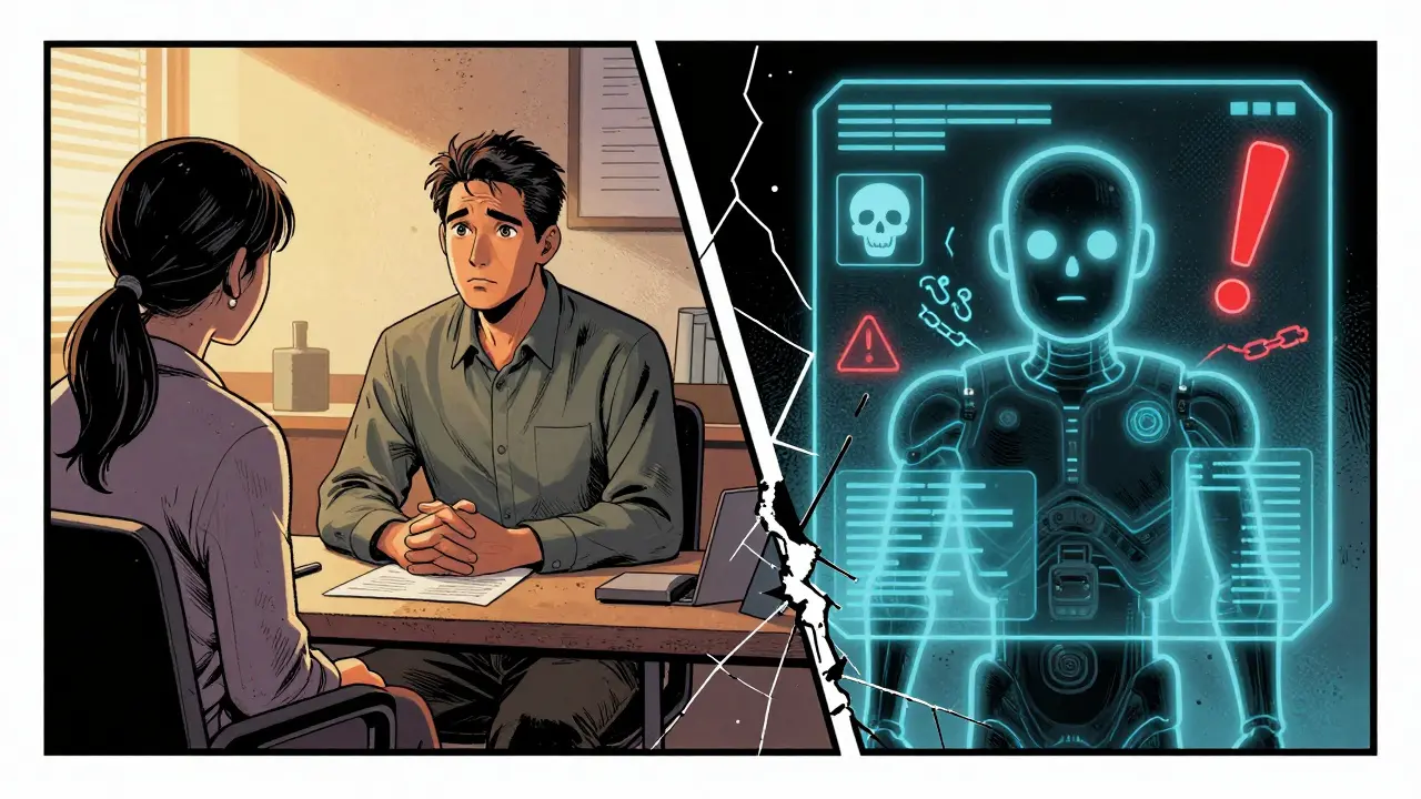 Dvě scény: lidský terapeut a chatbot — kontrast mezi lidskou empatií a digitální iluzí.