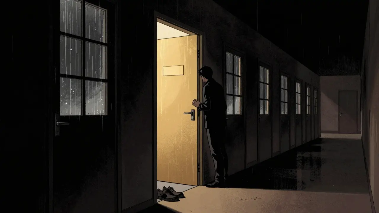 Dveře terapeuta září zlatě ve tmavém chodbě, ostatní jsou zatím zavřené.