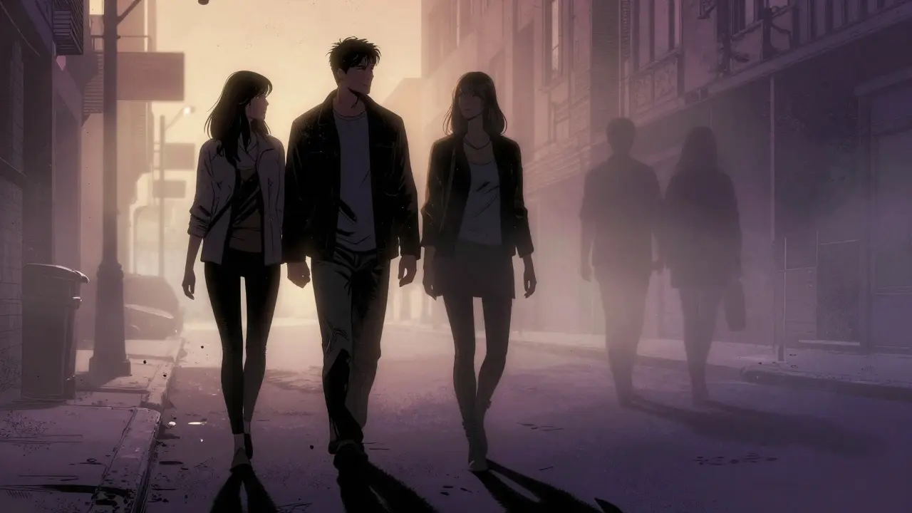 Dvojice kráčí ruce v rukách v mlze ráno, jejich stíny se slučují, za nimi stíny jejich dřívějších sebe.