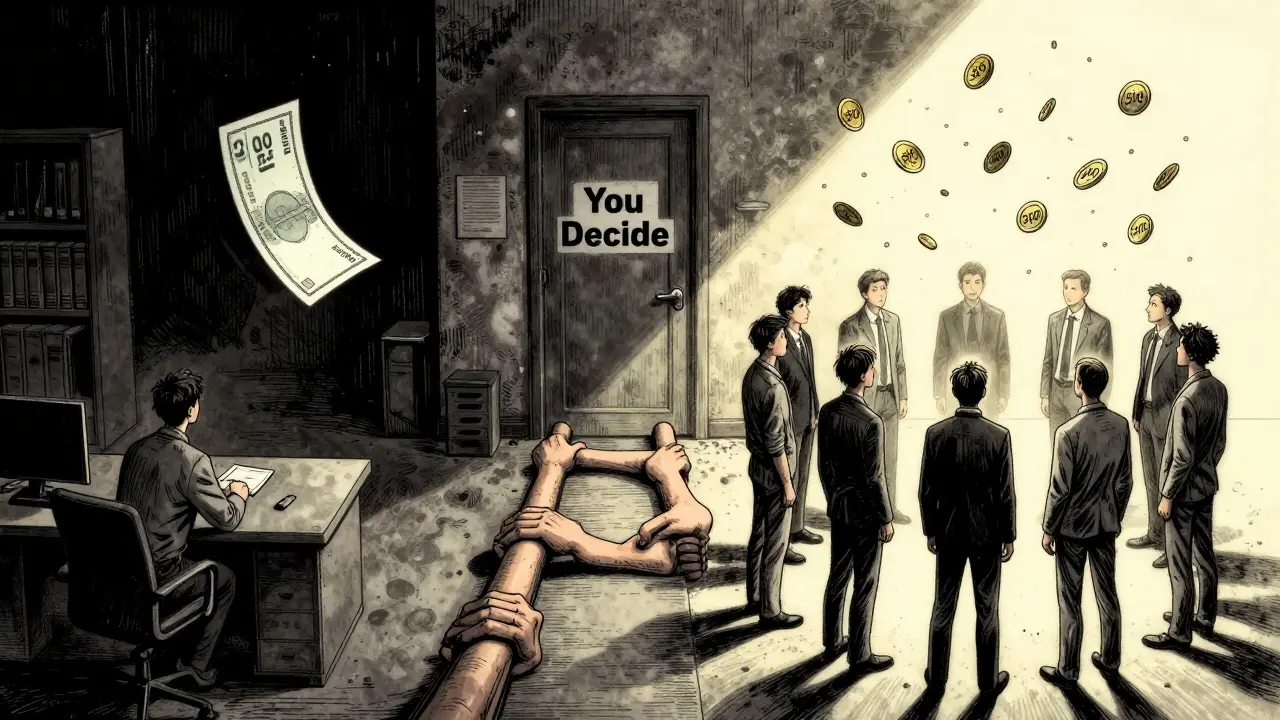 Hybridní scéna: samota s vysokou cenou napravo, skupina s nízkou cenou nalevo, most z rukou vede k dveřím — symbolický obraz terapie.