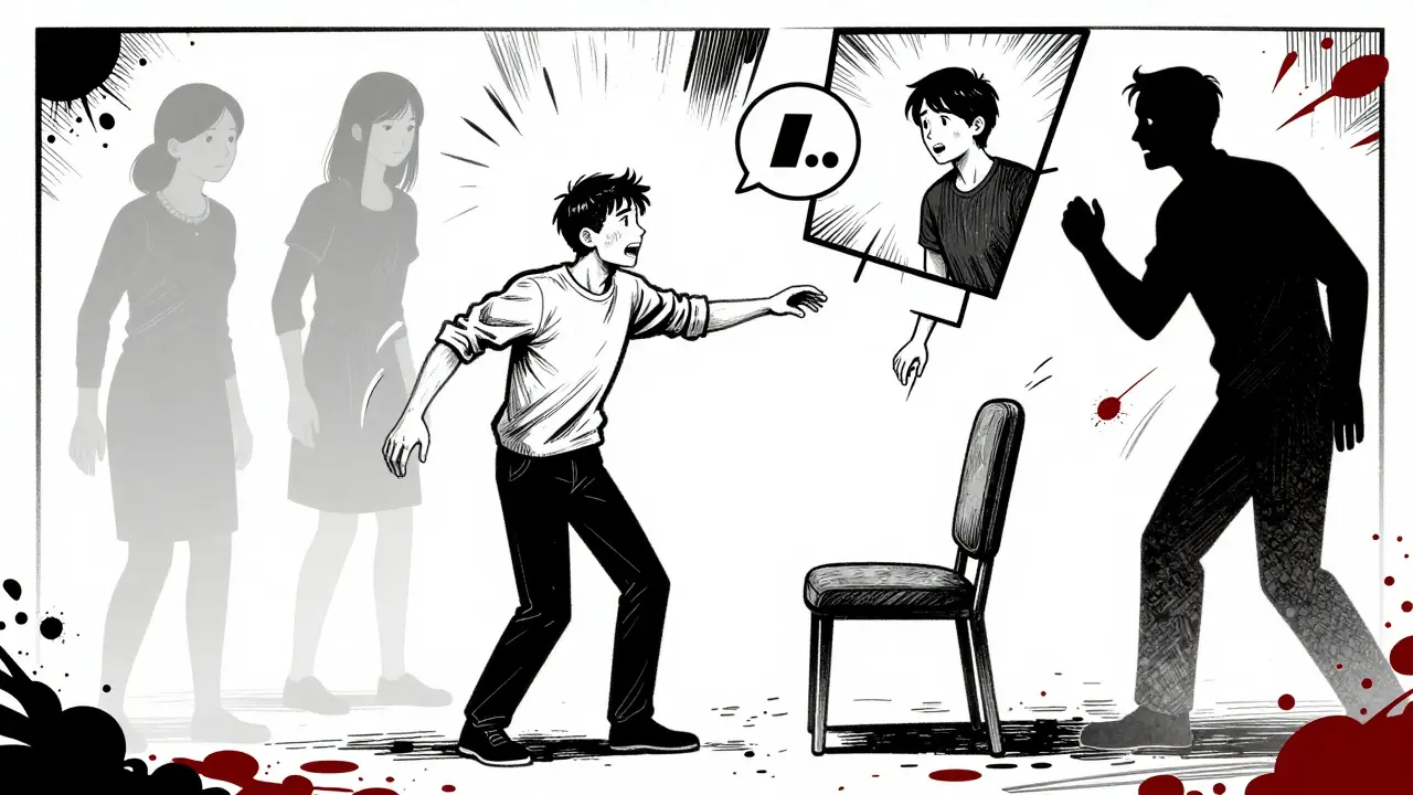 Klient mluví k prázdné židli, kolem něj se objevují stíny jeho vnitřních konfliktů.