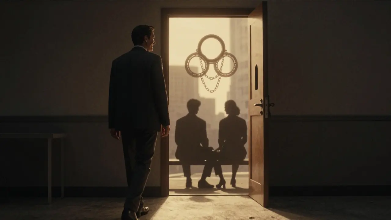 Klient odchází od dveří terapie, zlaté kroužky symbolizují spojení uvnitř.