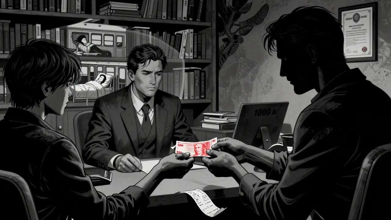 Klient platí 1 000 Kč terapeutovi, zatímco jeho minulost jako student s přesuny a nočními schůzkami se objevuje jako stín v pozadí.