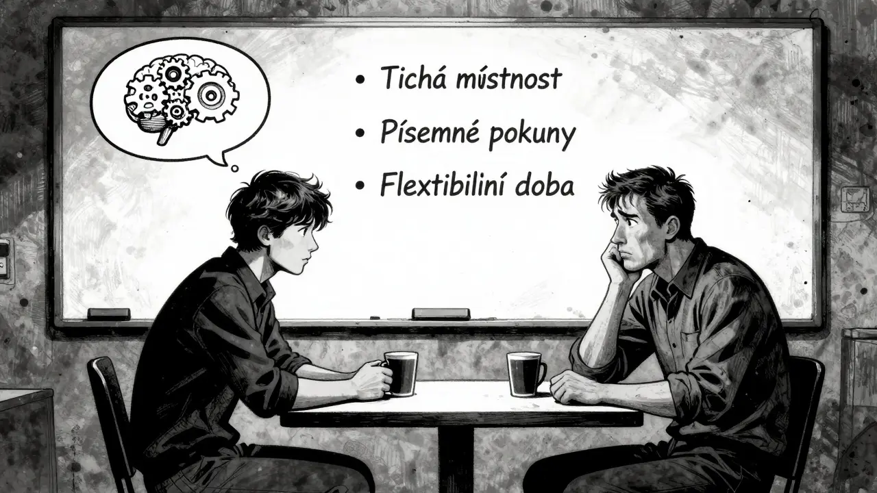 Manažer a zaměstnanec během rozhovoru nad kávou, za nimi whiteboard s úpravami pro ADHD.