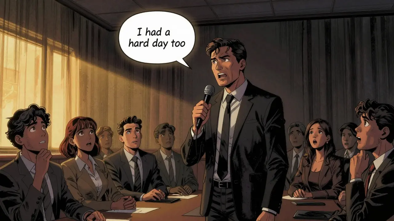 Manažer mluví o svých problémech s duševním zdravím, zaměstnanci ho poslouchají s nadějí v očích.