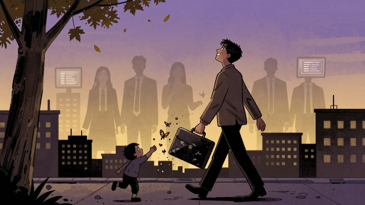 Muž kráčí městem, jeho kufřík se mění v motýly, za ním zmizí pracovní stíny, dítě mu táhne za ruku.