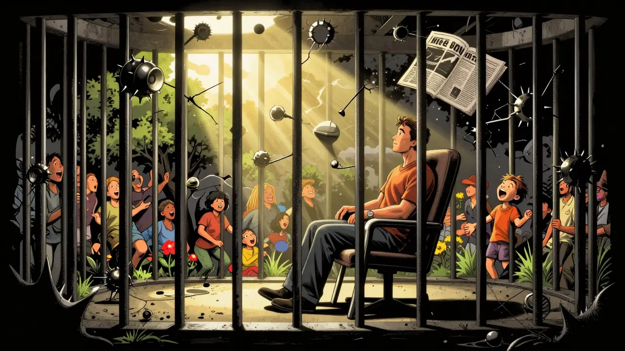 Muž sedí v kleci z traumatu, zvenku se do něj vlévá světlo a život.