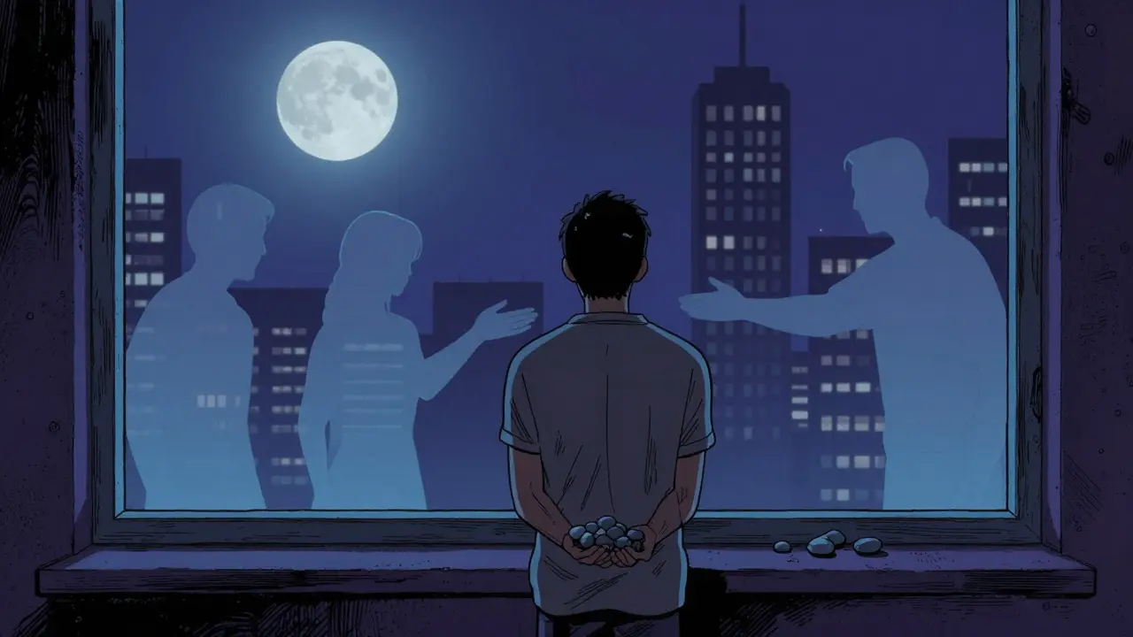 Osoba s autismem drží kameny u okna, zatímco neviditelní přátelé stojí za ní v měsíčním světle.