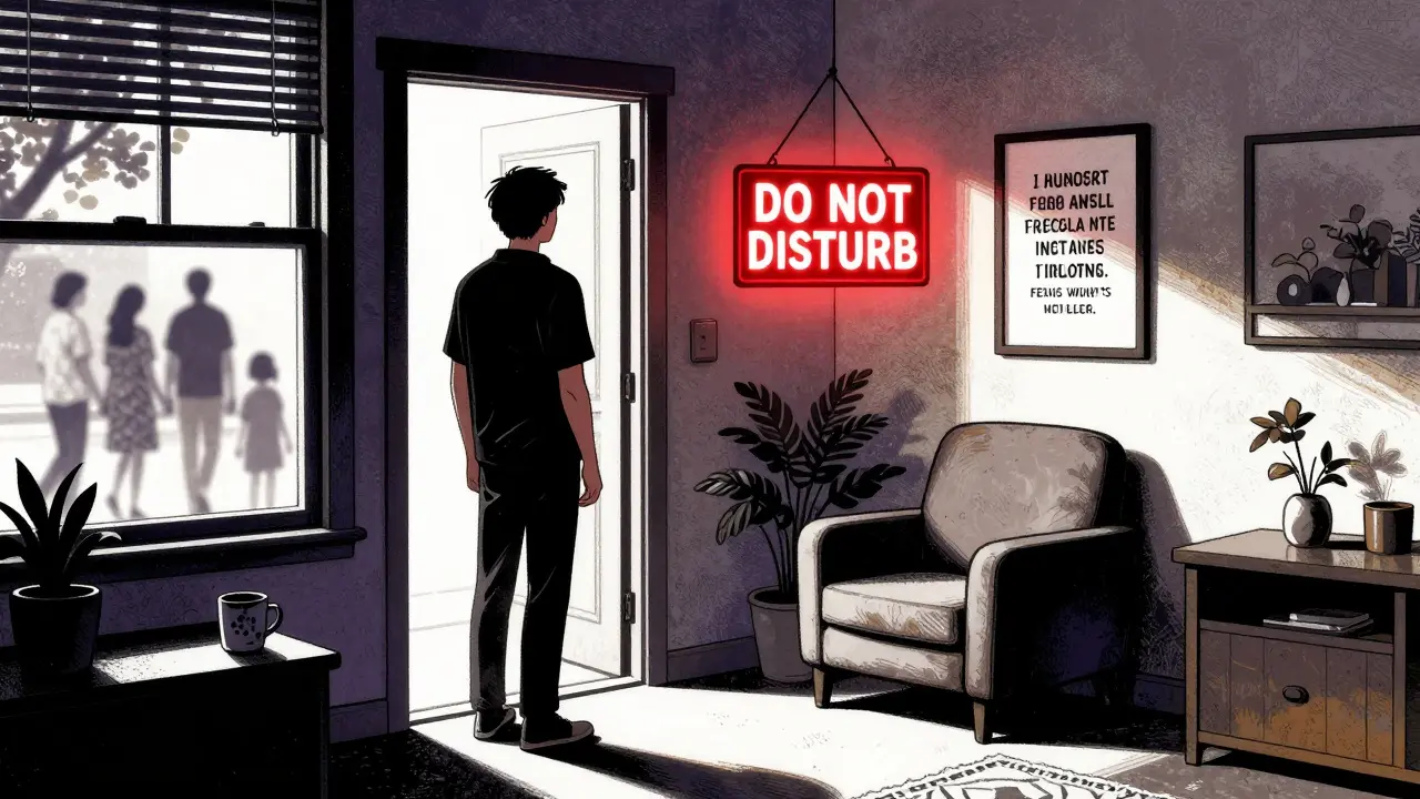 Osoba se připravuje na terapii v klidném koutku domu, zatímco rodina je venku.