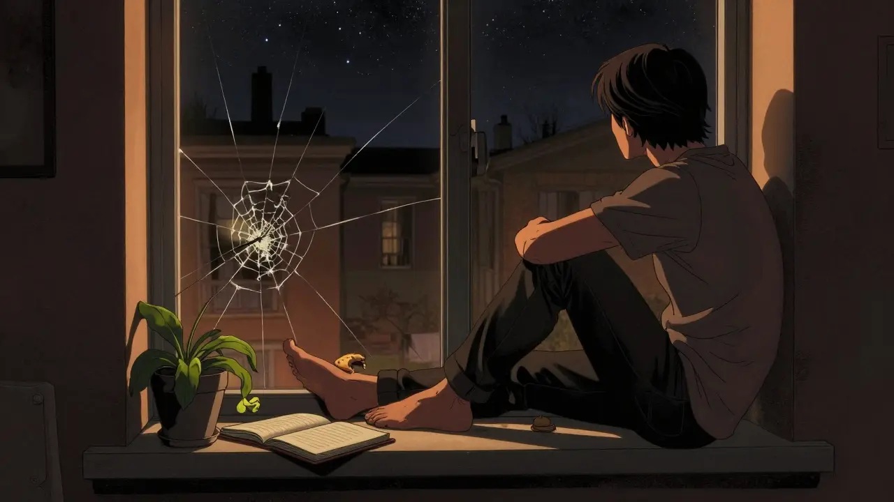 Osoba sedí u okna v noci, dívá se na hvězdy, vedle ní deník a rostlina.