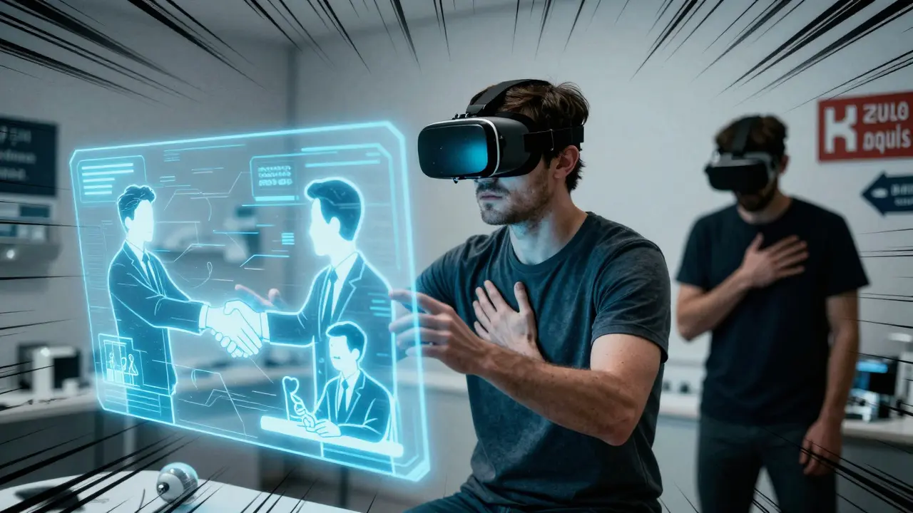 Pacient s VR brýlemi vidí holografické sociální scénáře, zatímco jeho skutečná verze se skrývá ve stínu.