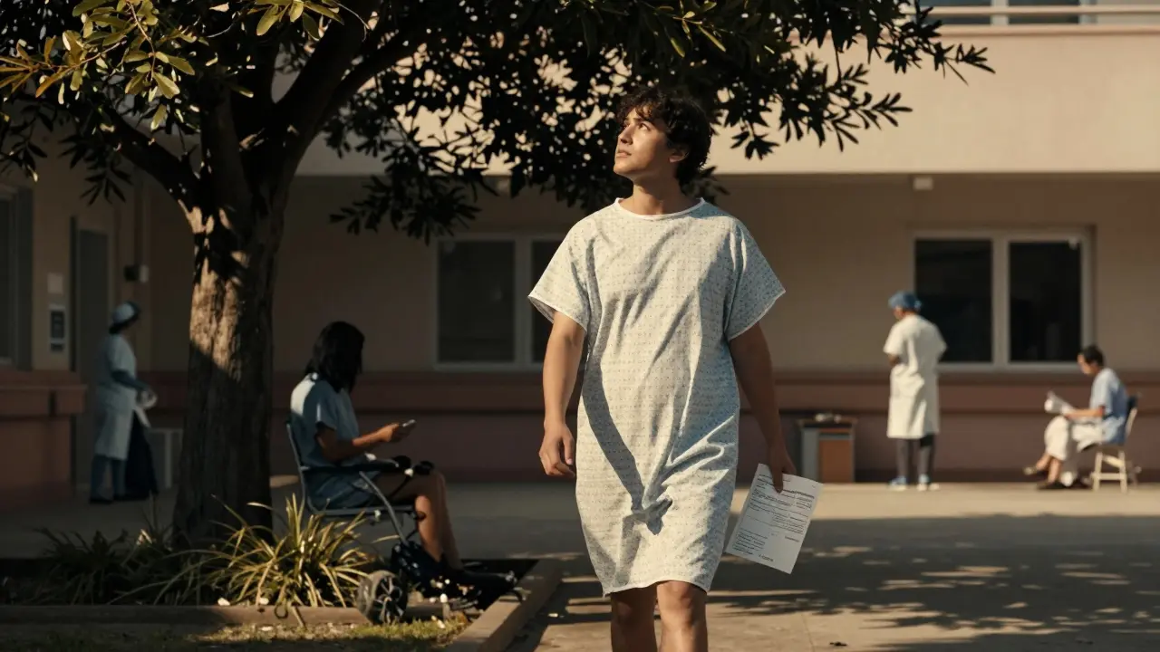 Pacientka stojí ve dvorku nemocnice a dívá se nahoru k stromu, v ruce drží smlouvu o uzdravení.