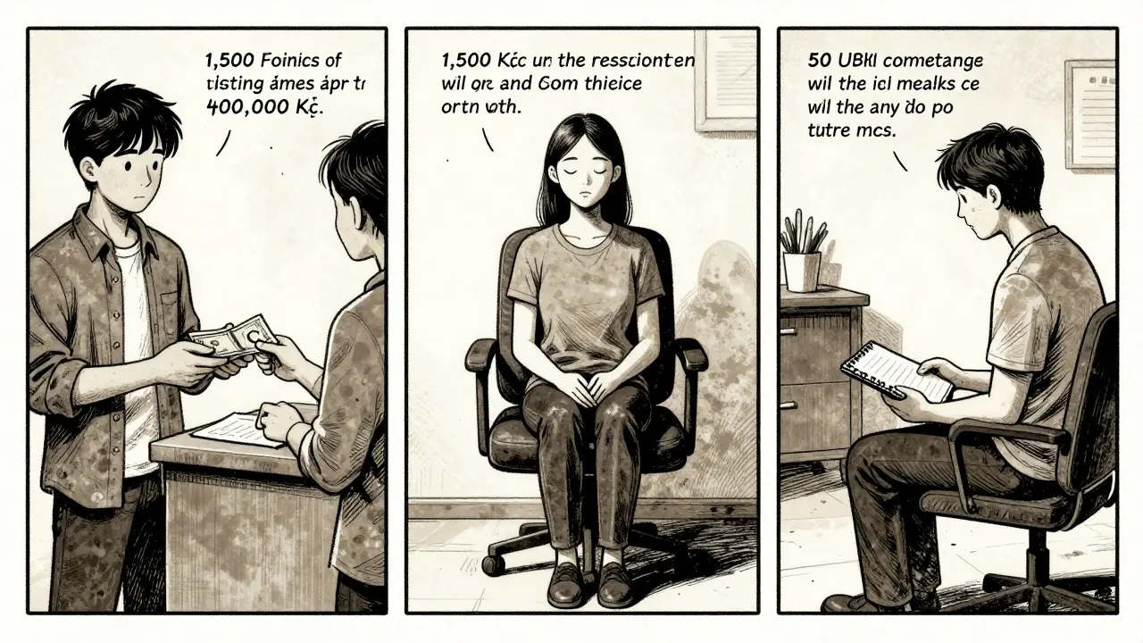 Příběh v pěti panelech: člověk platí za vzdělání, sedí jako klient, pak supervizuje pacienta – všechno v temném, filmovém stylu.