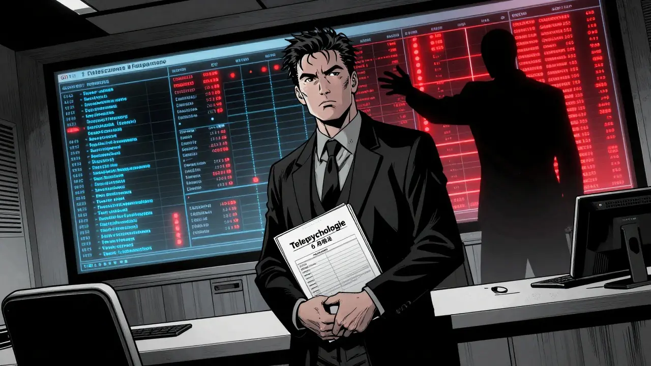 Psycholog stojí v auditní místnosti, před ním se objevují červené upozornění na porušení bezpečnosti.