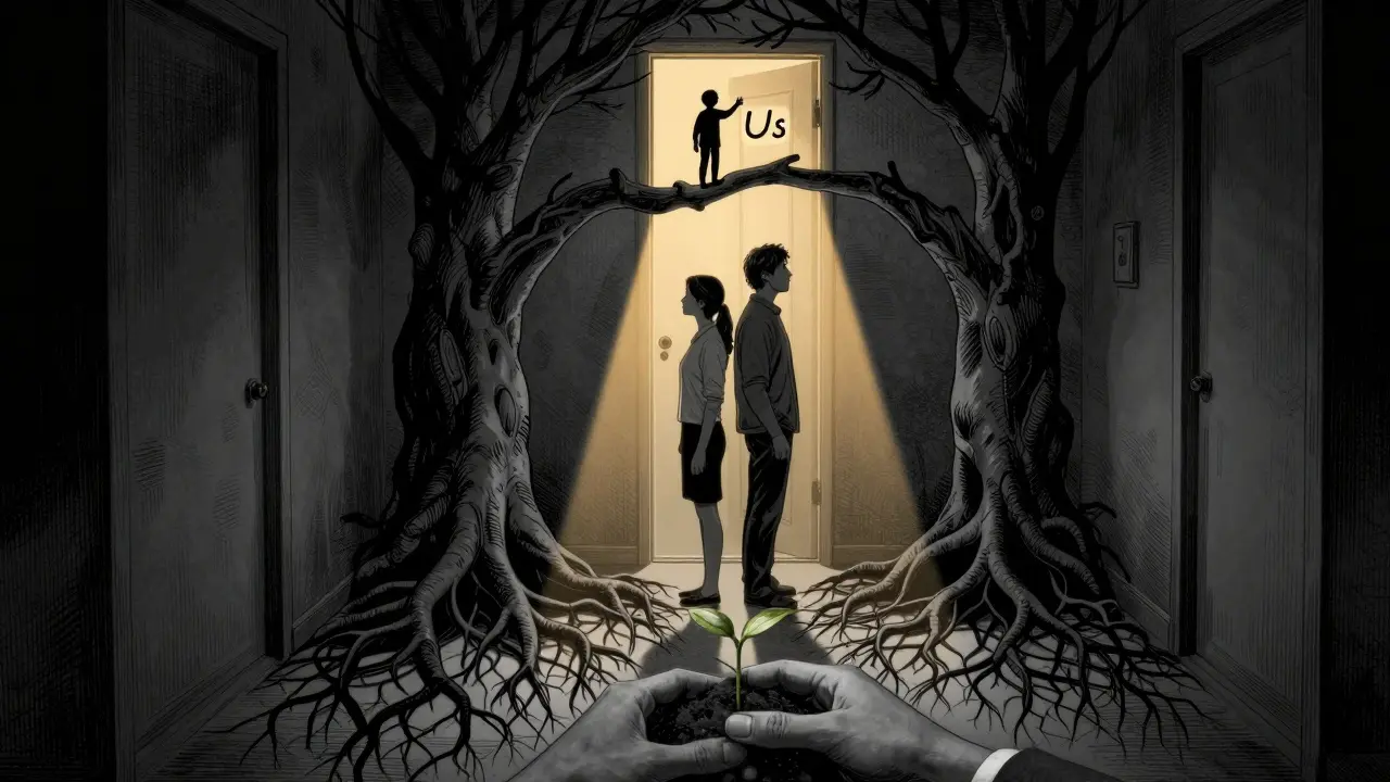 Rodiče stojí zády k sobě, jejich stíny jsou stromy s propojenými kořeny, dítě dosahuje k dveřím.