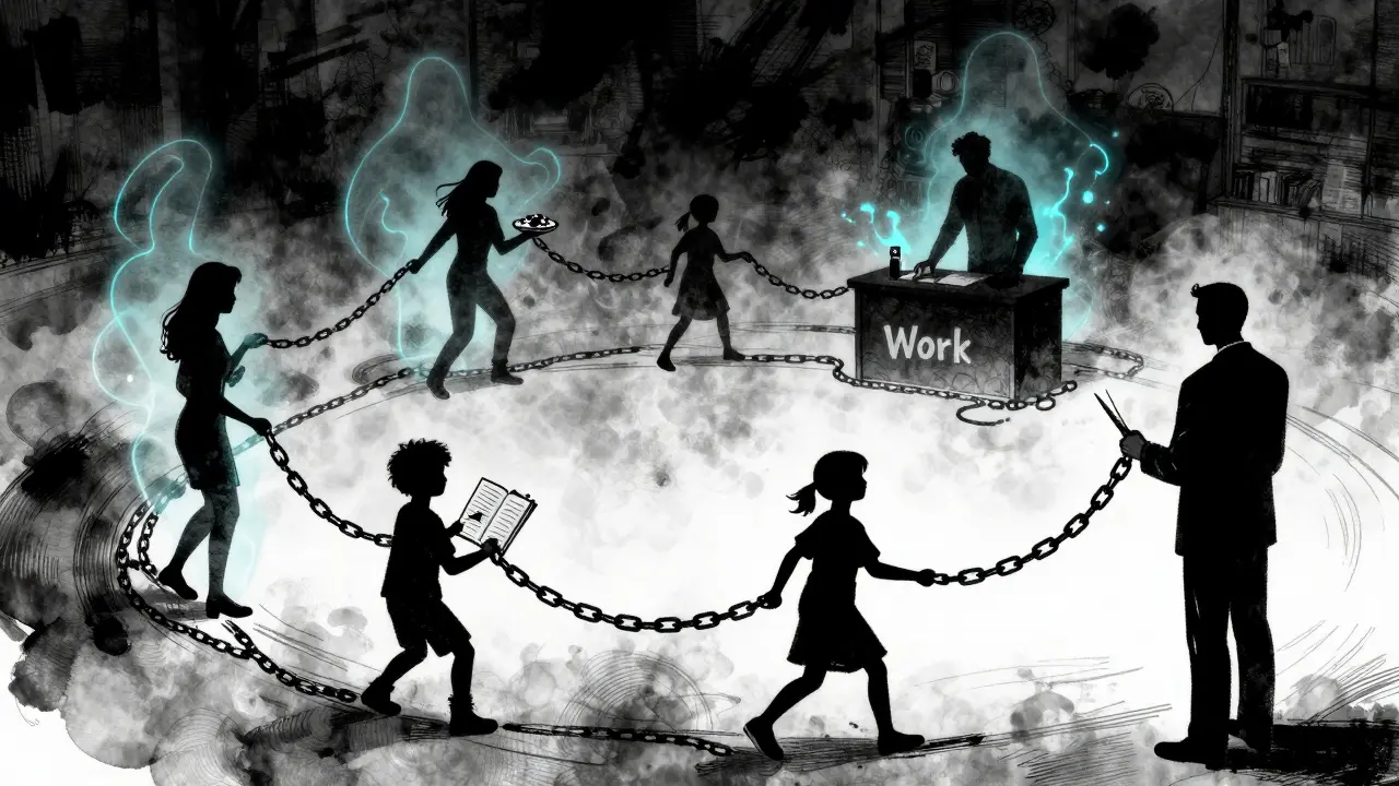 Rodina jako řetězec propojených postav, které tvoří vír, terapeut drží nůžky, aby přerušil vazby.