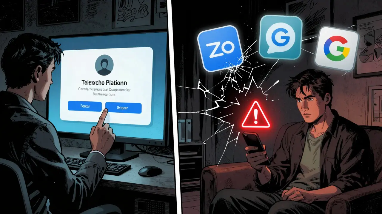 Rozdělený scénář: psycholog používá legální platformu, pacient má problémy s technikou, běžné nástroje jsou zničené.