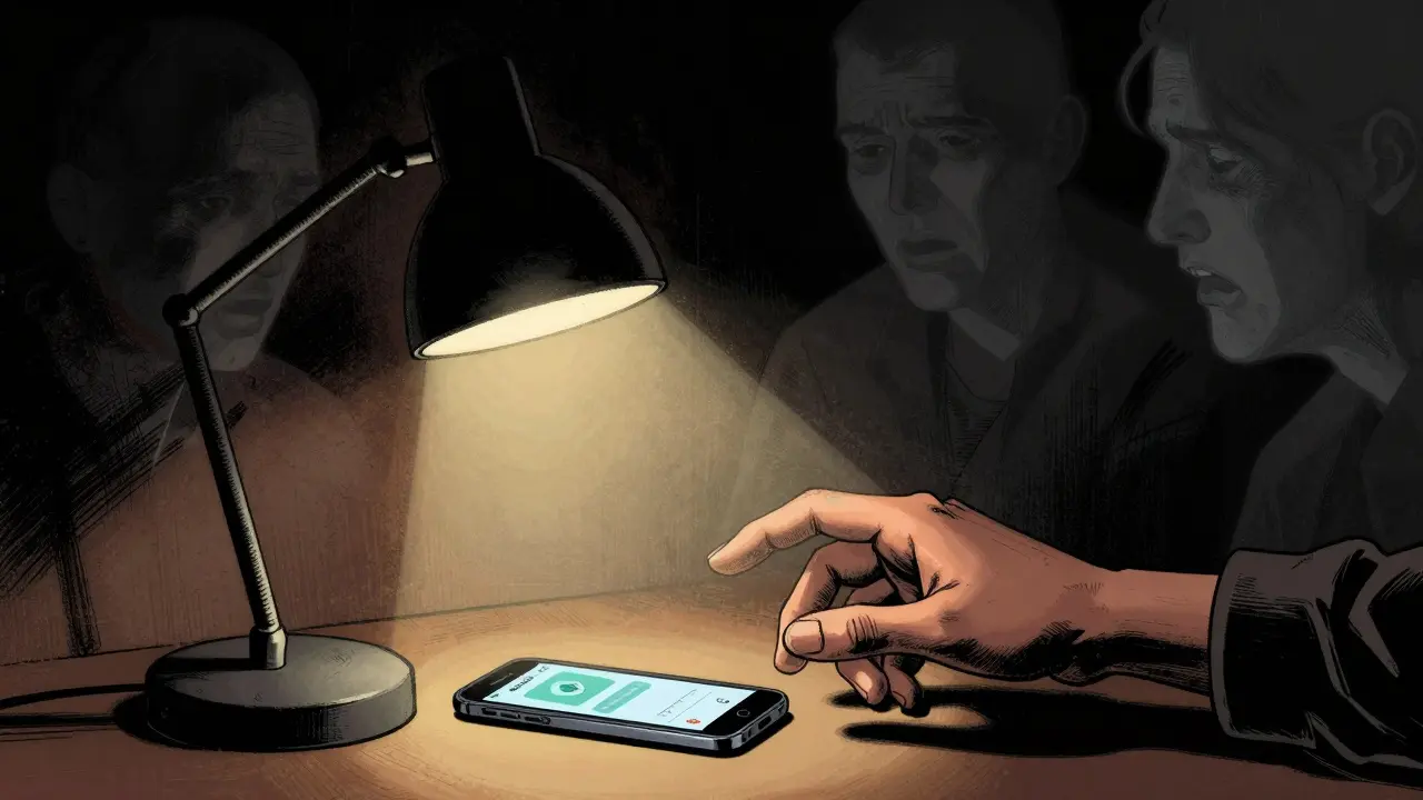 Ruka zapíná lampu v tmavé místnosti, světlo osvětluje telefon s nepřijatým voláním, za ním stíny kritických hlasů.