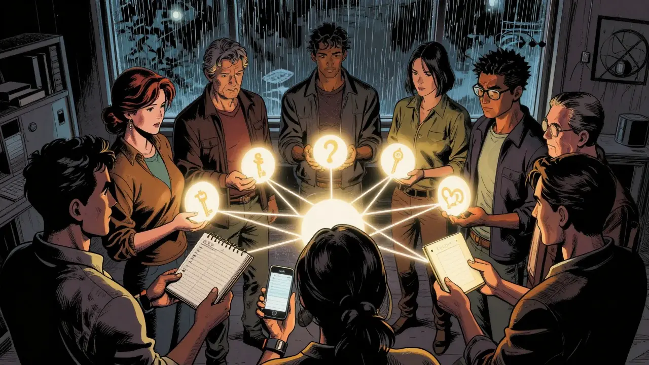 Skupina lidí s ADHD sdílí nástroje pro život, spojení mezi nimi září jako síť podpory.