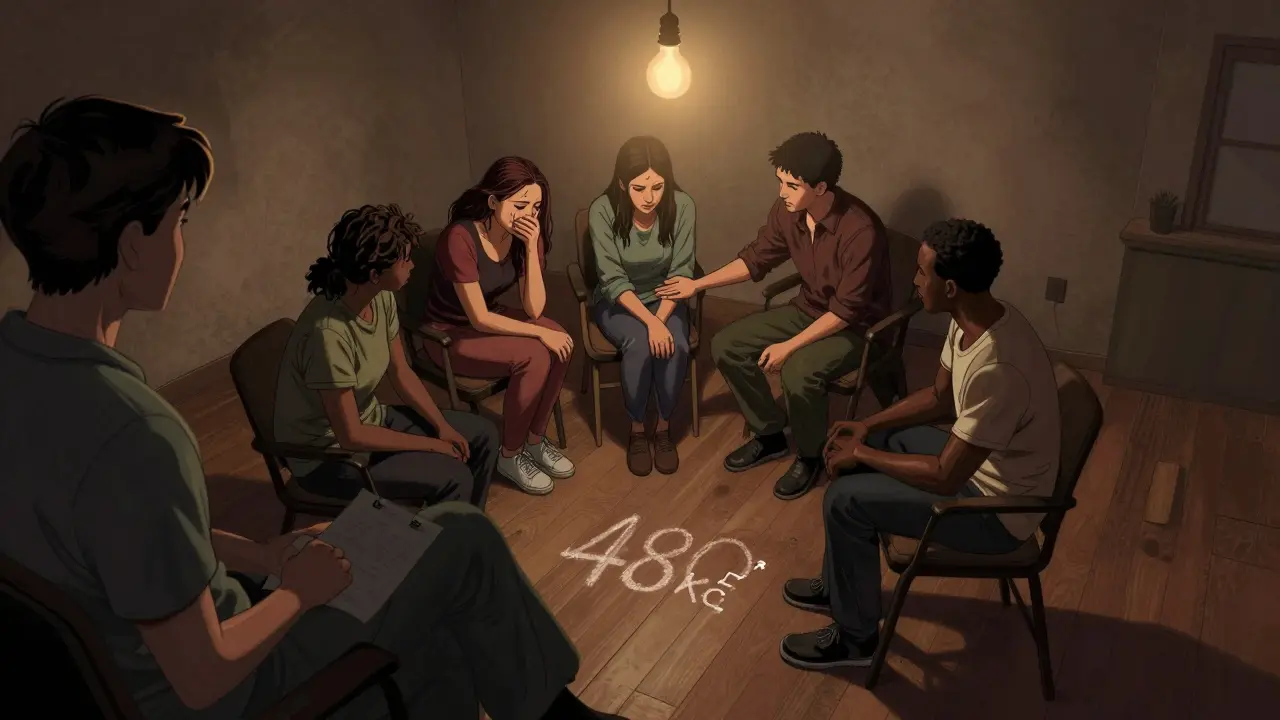 Skupina pěti lidí sedí v kruhu ve vlhkém prostoru, jedna pláče, druhá ji objímá, terapeut pozoruje z okraje, cena 480 Kč na podlaze.