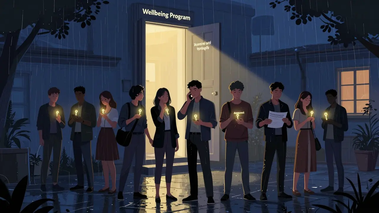 Skupina zaměstnanců drží klíče k anonymní psychoterapii, za nimi se otevírá dveře do teplého světla.