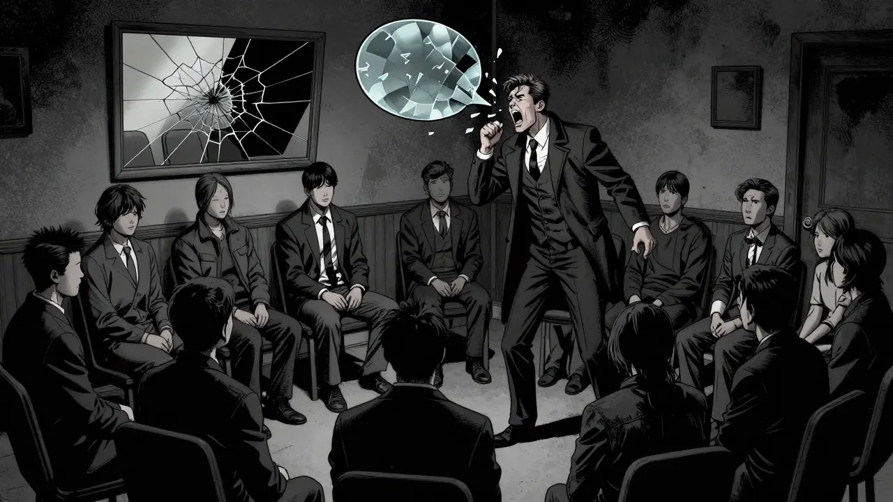 Skupinová terapie, muž v obleku křičí, ostatní mlčí, na zdi prázdné zrcadlo.