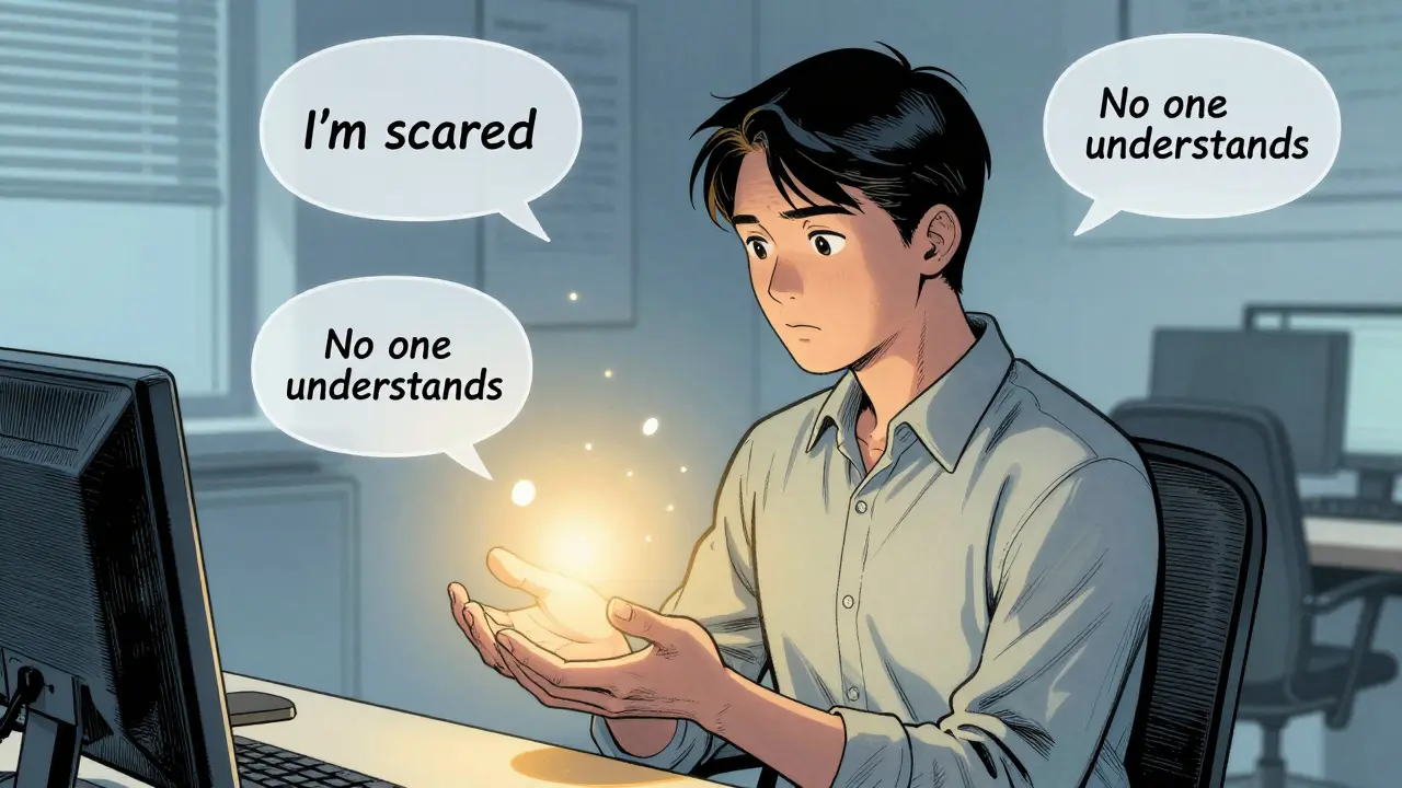 Tajemný poradce v call centru přijímá emoce z duševních bojů.