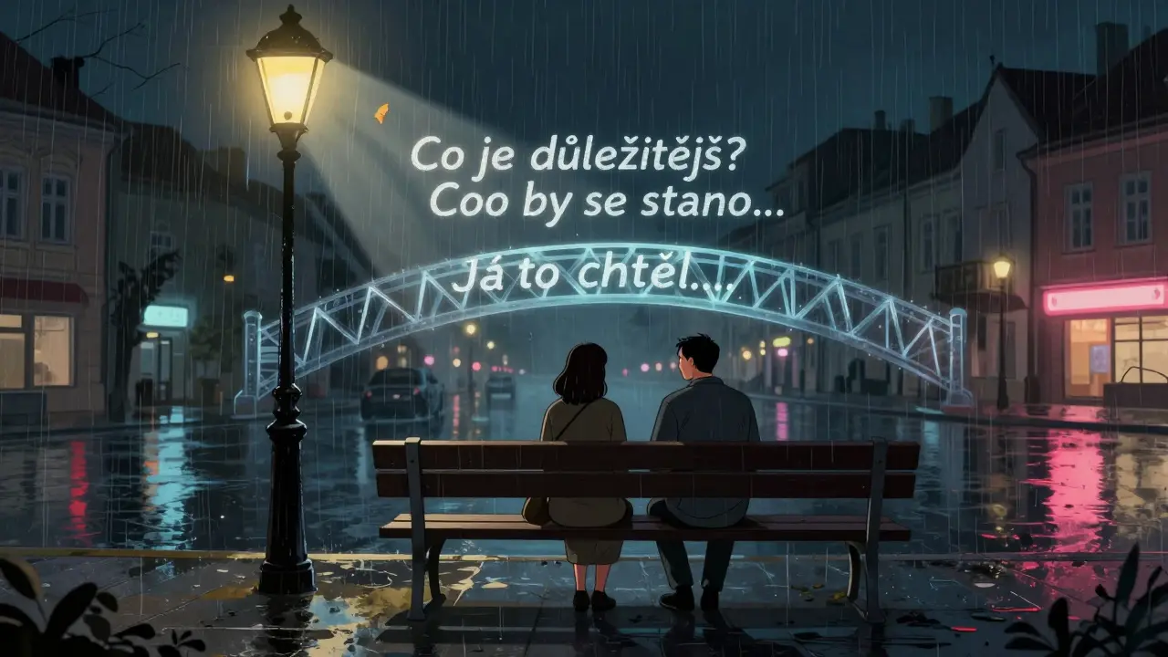 Terapeut a klient sedí na lavičce pod lampou, mezi nimi průhledný most z otázek o změně.