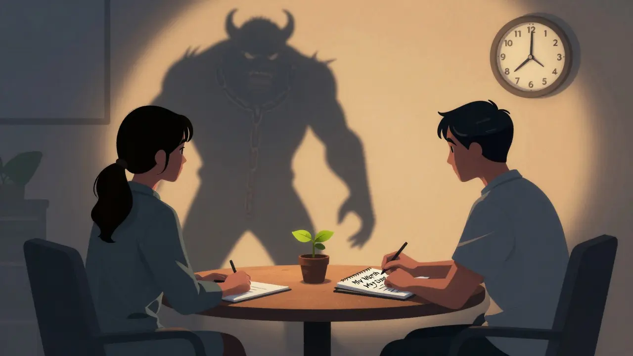 Terapeut a klient sedí proti sobě, klientův stín tvoří obří pracovní monstra.