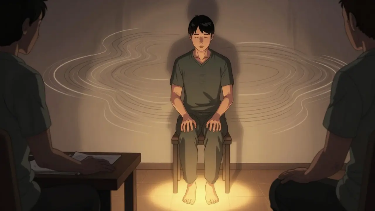 Terapeut a klient sedí v klidné místnosti, klient se soustředí na dýchání a pociťování země.