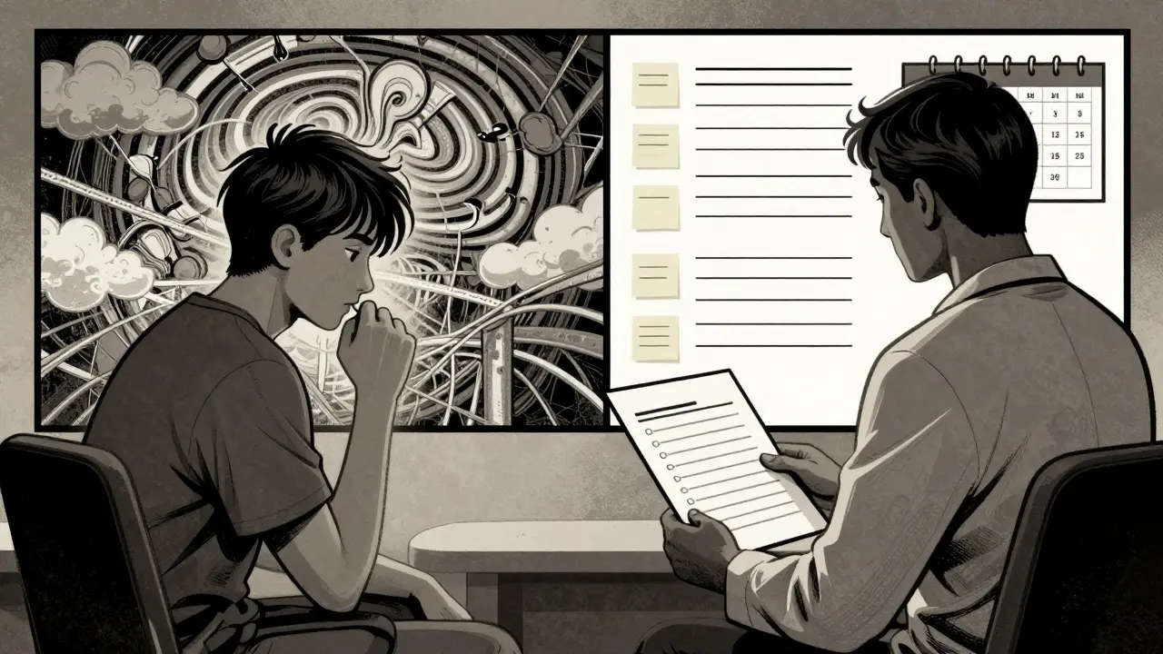 Terapeut a pacient spolu analyzují kontrolní seznam, zatímco jejich mysl se mění z chaosu na řád.