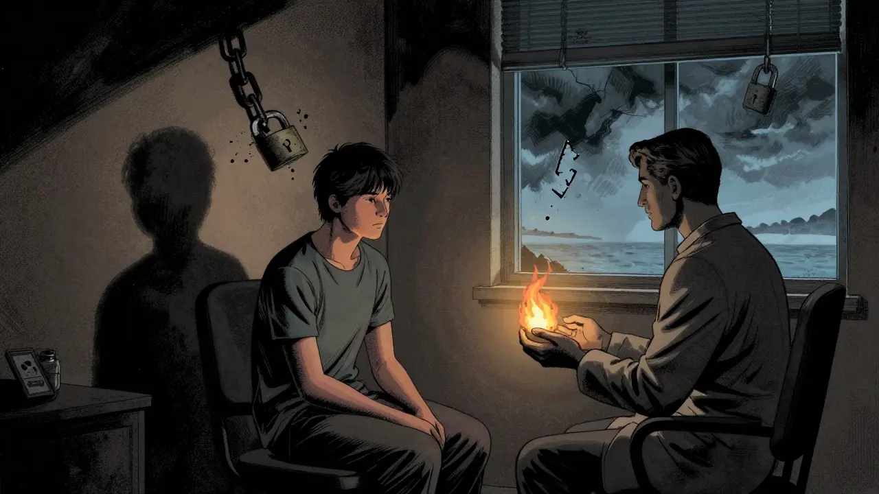 Terapeut a pacient spolu v místnosti, stín pacienta se mění v rozbité zámky.