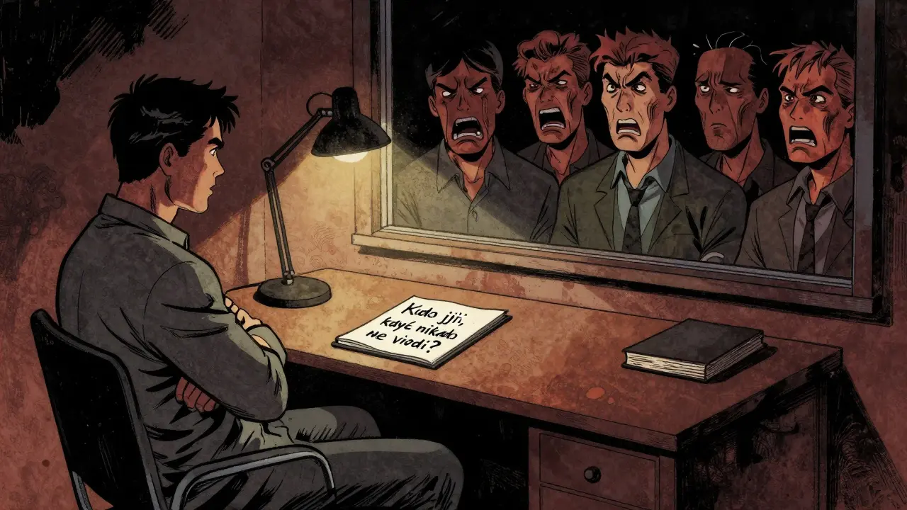 Terapeut a pacient v kanceláři, odraz v okně ukazuje více verzí pacienta.